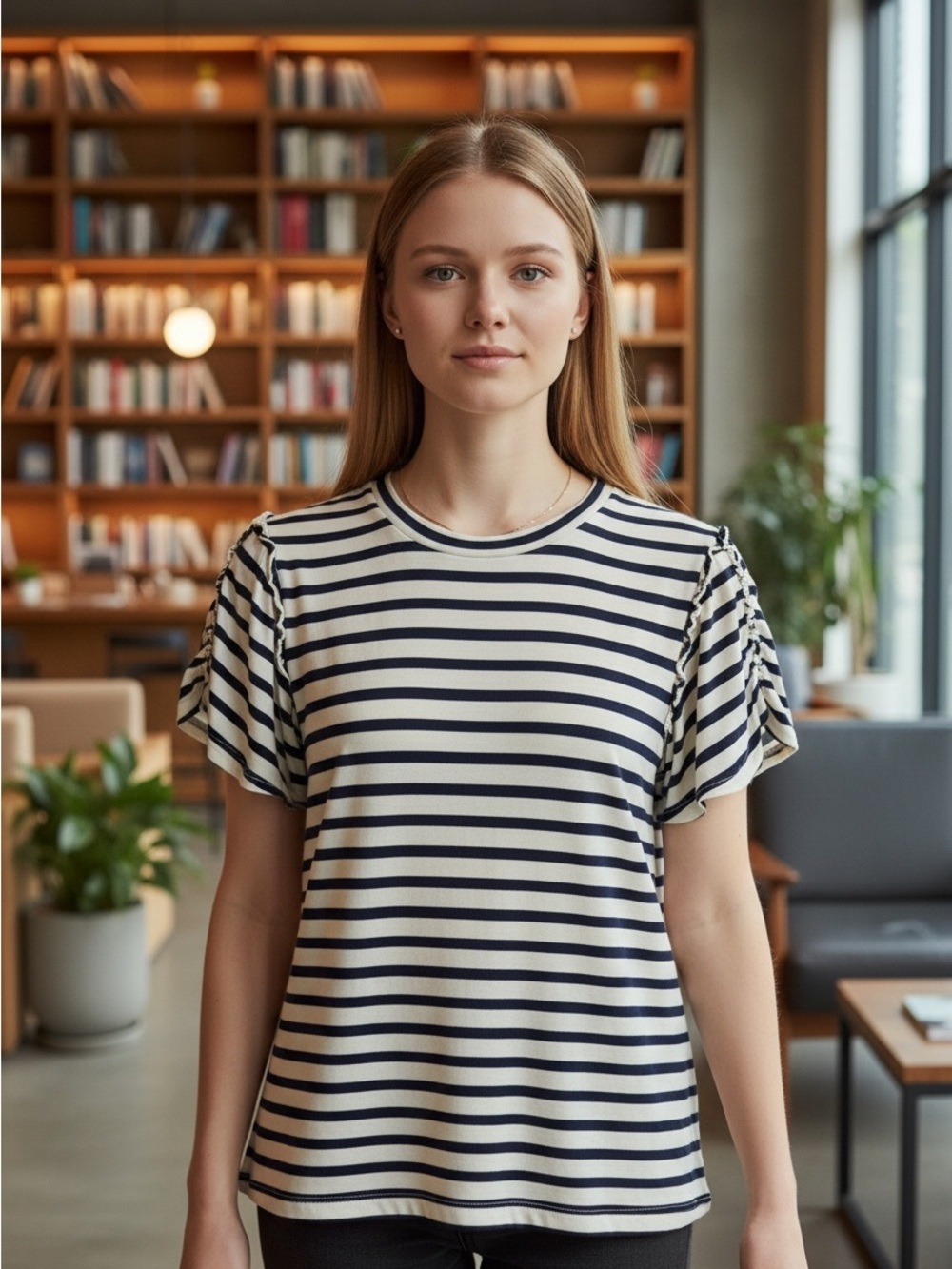 Green Envelope LA Striped Ruffle Sleeve Tee - Navy & White, size XL